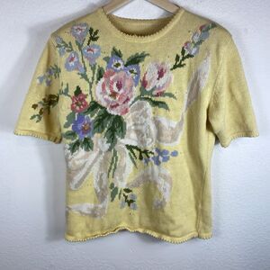 Vintage Susan Bristol Women's Medium Ramie Knit Sweater‎ Floral Cottage Granny